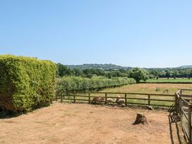A view of a fenced outdoor area with trees and grass at Piglet Corner in Culmstock