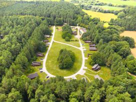 An aerial view of wooden cabins arranged in a circle surrounded by trees and grass at Thorpe Forest Silver Birch in Thorpe Forest