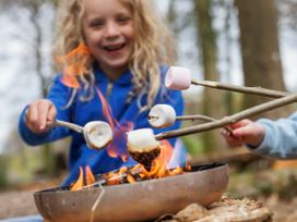 Children roasting marshmallows on sticks over an open fire outdoors at Thorpe Forest Silver Birch in Thorpe Forest