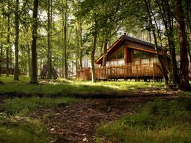 A wooden cabin with a fenced porch in a forest with grass and trees at Thorpe Forest Golden Oak in Thorpe Forest
