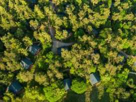 Aerial view of a forest with several small cabins among trees and dirt paths at Keldy Classic Golden Oak in Keldy Forest