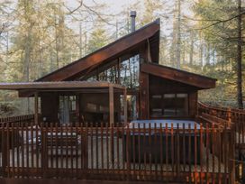 A wooden cabin with a slanted roof surrounded by trees in a forest at Glentress The Unfurl Cabin 2 doubles 1 twin in Glentress Forest Peebles