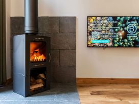 A wood burning stove with fire inside and logs below next to a wall-mounted television with text at Keldy Golden Oak in Keldy Forest