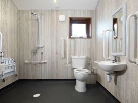 A wheelchair accessible bathroom with a toilet sink shower and support rails at Strathyre New Style Silver Birch wheelchair accessible cabin in Strathyre Ben Ledi