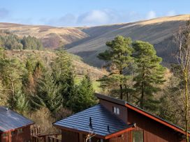 A view of forested hills and valleys with wooden cabins in the foreground at Garwnant White Willow Premium in Garwnant Bannau Brycheiniog