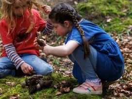 Two children playing with pine cones on mossy ground in a forest