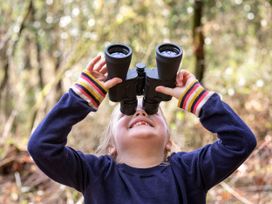 A child looking up through binoculars in a forested area wearing a navy sweater with striped cuffs at Deerpark Classic Golden Oak in Deerpark Forest