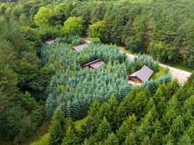 Aerial view of cabins surrounded by dense forest at Delamere Forest Golden Oak in Delamere Forest