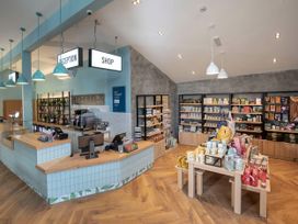 A shop area with wooden counters and shelves displaying various products and hanging signs for reception and shop at Delamere Forest Golden Oak in Delamere Forest