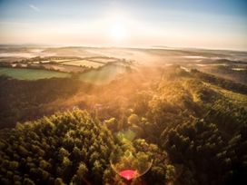 An aerial view of a forest with surrounding fields under the sunrise at Deerpark Classic Silver Birch in Deerpark Forest