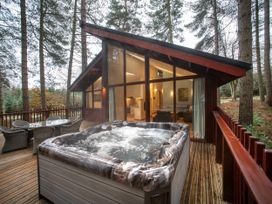 An outdoor deck with a hot tub and a dining table with chairs beside a cabin with large glass windows at Delamere Forest Silver Birch in Delamere Forest