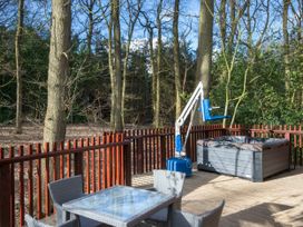 An outdoor deck with a hot tub a glass table with four wicker chairs and a blue lift with forest trees in the background at Garwnant Silver Birch wheelchair accessible cabin Garwnant Bannau Brycheiniog Brecon Beacons