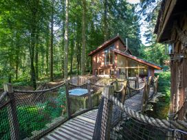 A wooden treehouse with large windows connected by a rope bridge in a forest at Forest of Dean Woodland - Golden Oak Treehouse in Forest Of Dean