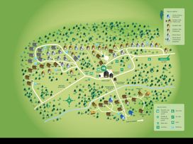 A map of Keldy Golden Oak Cottage showing cabins trails facilities and parking areas in Keldy Forest