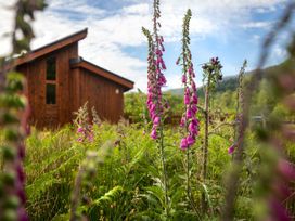 A garden with flowers and a wooden building at Strathyre Golden Oak Lochside Strathyre, Ben Ledi