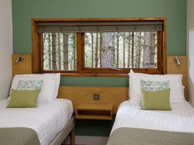 A bedroom with two beds and a window overlooking trees at Strathyre Golden Oak Lochside Strathyre, Ben Ledi