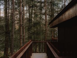 A wooden balcony overlooking a dense forest at Glentress The Unfurl Cabin (2 Bed) Glentress Forest Peebles