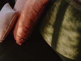 Two pink pillows and one green pillow on a couch at Glentress The Unfurl Cabin 4 Bed in Glentress Forest Peebles