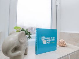 A book titled 52 things to do while you poo on a windowsill with an elephant-shaped plant pot and a seashell at 48 Aysgarth Rise in Bridlington