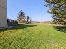 A grassy backyard with trees and a stone wall at Hen Ficerdy in Abererch near Pwllheli