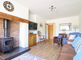 A living room with a wood stove and television at Bryn Bras in Corwen