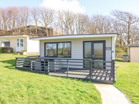 A small modern cabin with a fenced porch on grass near trees at Cassia in Kilkhampton