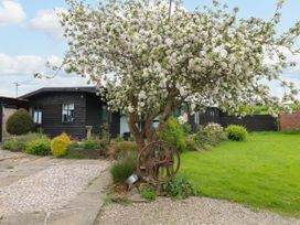 A blooming tree in front of a dark wooden house with a cobblestone path and green lawn at The Lodge at Wildersley Farm in Belper