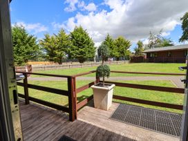 A view from a decking area showing trees and a fenced lawn at The Roe Llanerch Park near St Asaph
