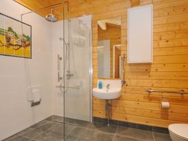 A bathroom with shower, sink and toilet at Owl Lodge in Menheniot