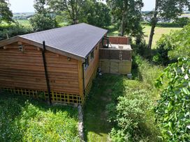 A wooden cabin with a deck surrounded by grass and trees at Owl Lodge Menheniot