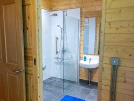 A bathroom with a shower, sink, and toilet at Owl Lodge Menheniot