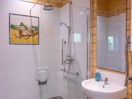 A bathroom with a shower and washbasin at Owl Lodge in Menheniot