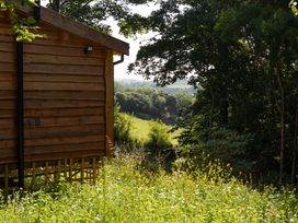 A wooden cabin surrounded by wildflowers and trees at Owl Lodge in Menheniot