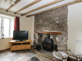 A living room with a television and a fireplace at Woods Cottage in Kingcoed near Raglan