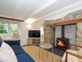 A living room with a stove and television at Sunrise Cottage near St Kew Highway