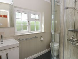 A bathroom with a sink, toilet, and shower at Llainorfa in Maenygroes near New Quay