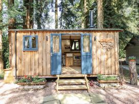 A wooden cabin with steps and planters at Tanglewood Shepherds Hut in Welshpool