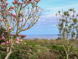 A garden with flowering trees and a wooden fence overlooking fields and a body of water at Dolphin Bach in Dolphin