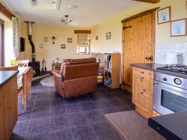 An open plan kitchen and living room with wooden cabinets leather armchair and a wood burner at Dolphin Bach in Dolphin