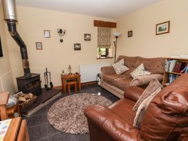 A sitting room with a wood-burning stove two sofas a round rug and a bookshelf at Dolphin Bach in Dolphin