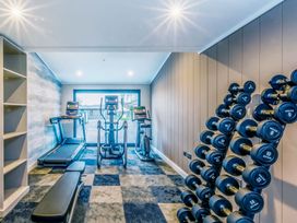 A gym with exercise equipment and weights at Lodge 11 at Landscove Holiday Park Brixham