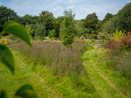 A garden with a pathway surrounded by flowers and trees at Collen in Aberaeron