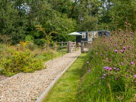 A garden with a gravel path and flowers at Bedwen in Aberaeron