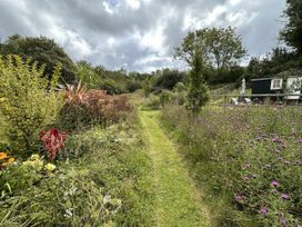 A garden with a path surrounded by flowers and plants at Bedwen in Aberaeron