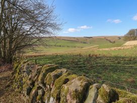A grassy landscape with a stone wall and trees at Cragg Lodge West Woodburn