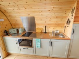 A kitchen countertop with a microwave, electric stove, kettle, toaster, sink, and wooden wall panels at Moel Arthur in Bryniau Clwyd near Denbigh
