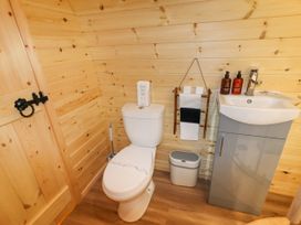 A bathroom with a toilet a small sink with a cabinet towels and wooden walls at Moel Arthur in Bryniau Clwyd near Denbigh