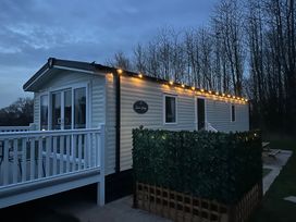 A static caravan with string lights and a small porch surrounded by trees at Swan Lodge in Swannington near Coalville