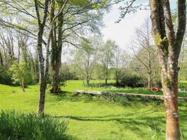 A grassy garden area with several trees and a wooden bench near a pond at Serenity House The Retreat in Llangammarch Wells near Llanwrtyd Wells