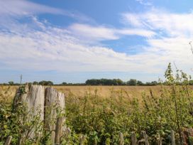 A countryside view with tall grasses bushes and wooden fence under a blue sky with clouds at Coastal Cottage in East Wittering